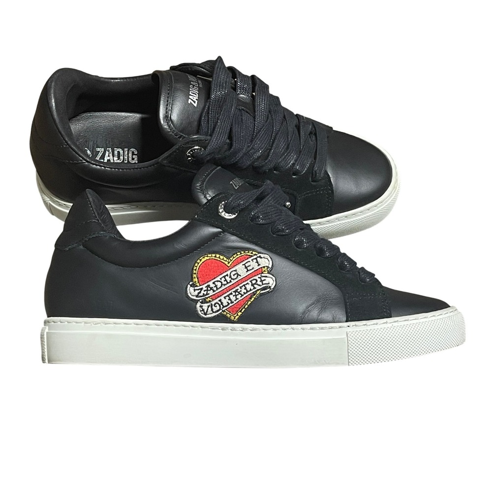 Zadig & Voltaire Black Leather Heart Sneakers Designer Low Top Women's 36